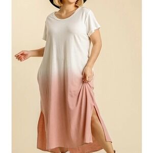 umgee Ombre Maxi Dress T Shirt Dress Pink Ivory Linen Blend Medium